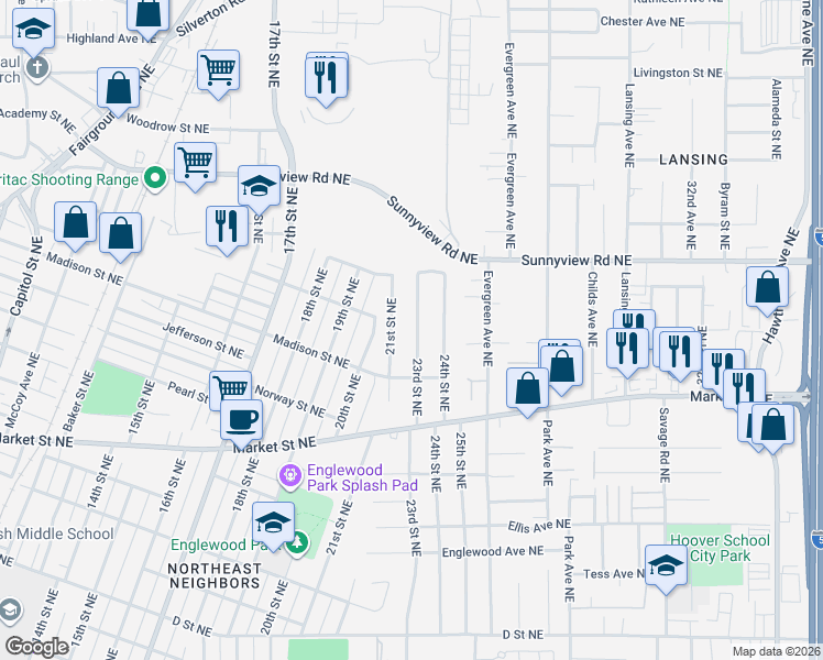 map of restaurants, bars, coffee shops, grocery stores, and more near 1875 23rd Street Northeast in Salem
