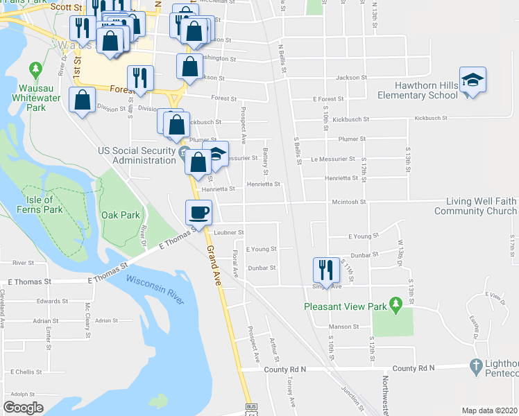 map of restaurants, bars, coffee shops, grocery stores, and more near 817 Mcintosh Street in Wausau