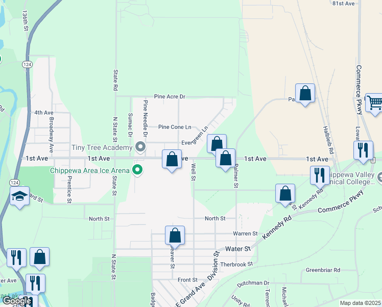 map of restaurants, bars, coffee shops, grocery stores, and more near 801 Whispering Pine Drive in Chippewa Falls