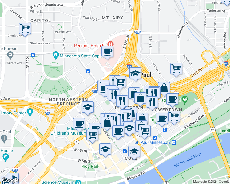map of restaurants, bars, coffee shops, grocery stores, and more near 510 Jackson Street in Saint Paul