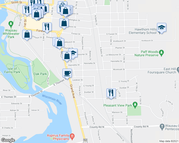 map of restaurants, bars, coffee shops, grocery stores, and more near 817 Mcintosh Street in Wausau