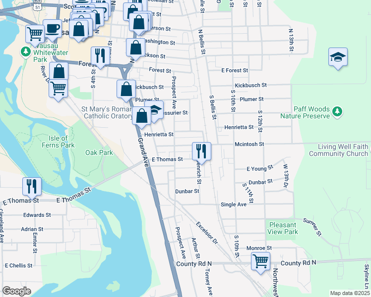 map of restaurants, bars, coffee shops, grocery stores, and more near 815 Mcintosh Street in Wausau