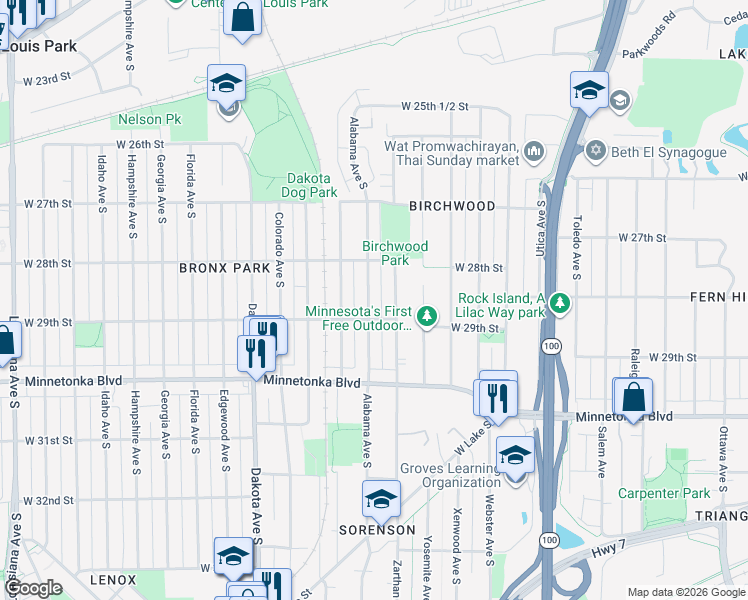 map of restaurants, bars, coffee shops, grocery stores, and more near 2841 Alabama Avenue South in Minneapolis