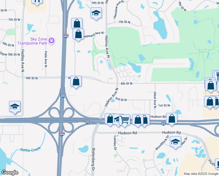 map of restaurants, bars, coffee shops, grocery stores, and more near 360 Helmo Avenue North in Oakdale