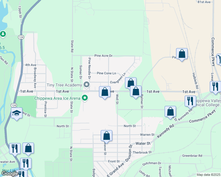 map of restaurants, bars, coffee shops, grocery stores, and more near 801 Whispering Pine Drive in Chippewa Falls