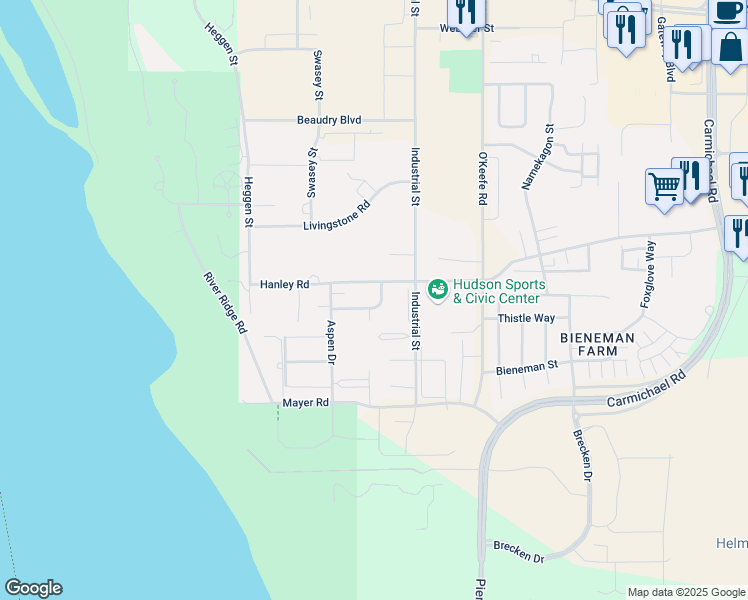 map of restaurants, bars, coffee shops, grocery stores, and more near 1609 Pinewood Lane in Hudson