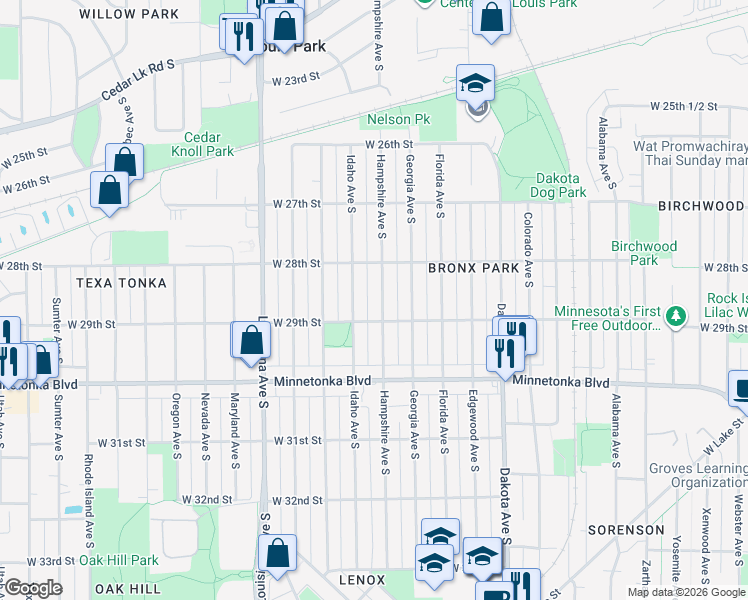 map of restaurants, bars, coffee shops, grocery stores, and more near 2838 Hampshire Avenue South in Minneapolis
