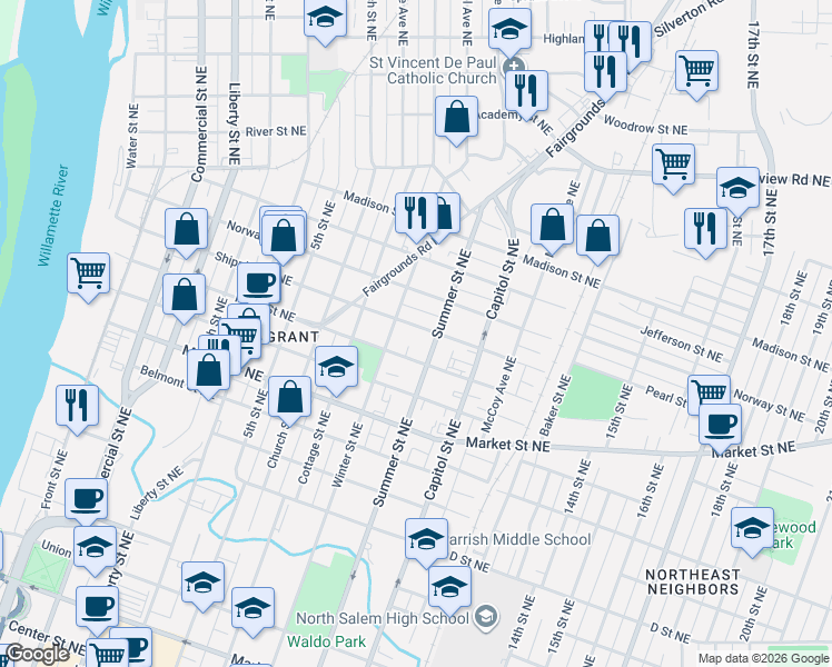 map of restaurants, bars, coffee shops, grocery stores, and more near 1485 Summer Street Northeast in Salem