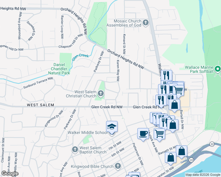 map of restaurants, bars, coffee shops, grocery stores, and more near 1075 Chestnut Street Northwest in Salem