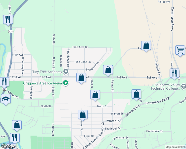 map of restaurants, bars, coffee shops, grocery stores, and more near 1102 1st Avenue in Chippewa Falls