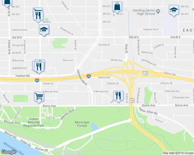 map of restaurants, bars, coffee shops, grocery stores, and more near 1272 Hudson Road in Saint Paul