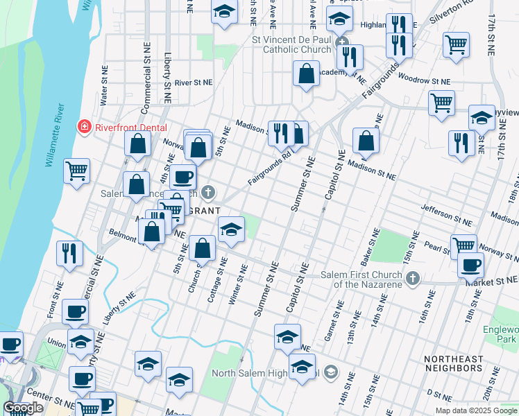 map of restaurants, bars, coffee shops, grocery stores, and more near 1435 Winter Street Northeast in Salem