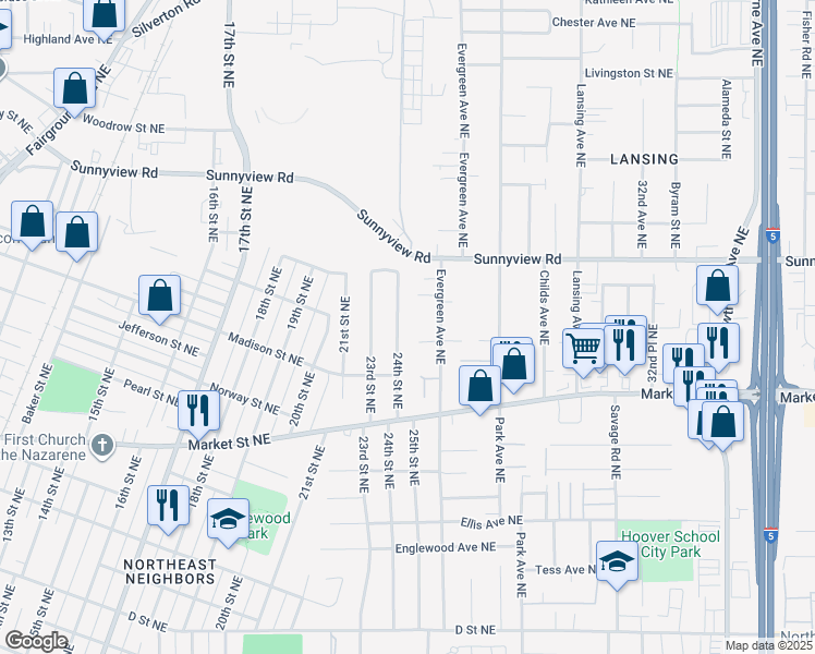 map of restaurants, bars, coffee shops, grocery stores, and more near 1880 24th Street Northeast in Salem