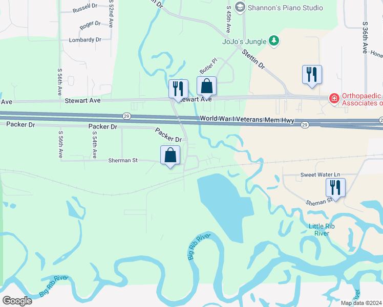 map of restaurants, bars, coffee shops, grocery stores, and more near 803 South 48th Avenue in Wausau