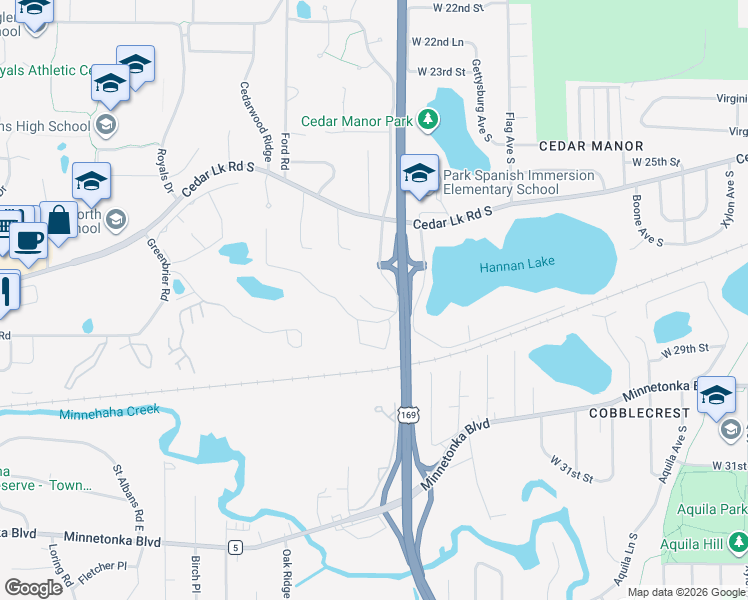 map of restaurants, bars, coffee shops, grocery stores, and more near 2814 Jordan Avenue South in Minnetonka