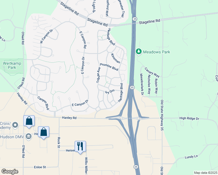 map of restaurants, bars, coffee shops, grocery stores, and more near 16 Heritage Green in Hudson