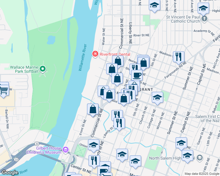 map of restaurants, bars, coffee shops, grocery stores, and more near 345 Market Street Northeast in Salem