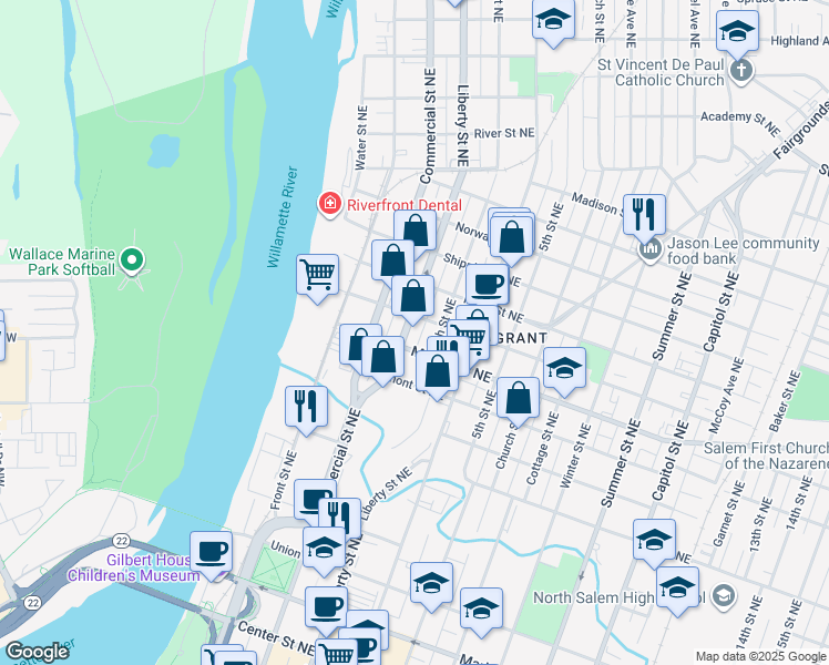 map of restaurants, bars, coffee shops, grocery stores, and more near 1274 Liberty Street Northeast in Salem