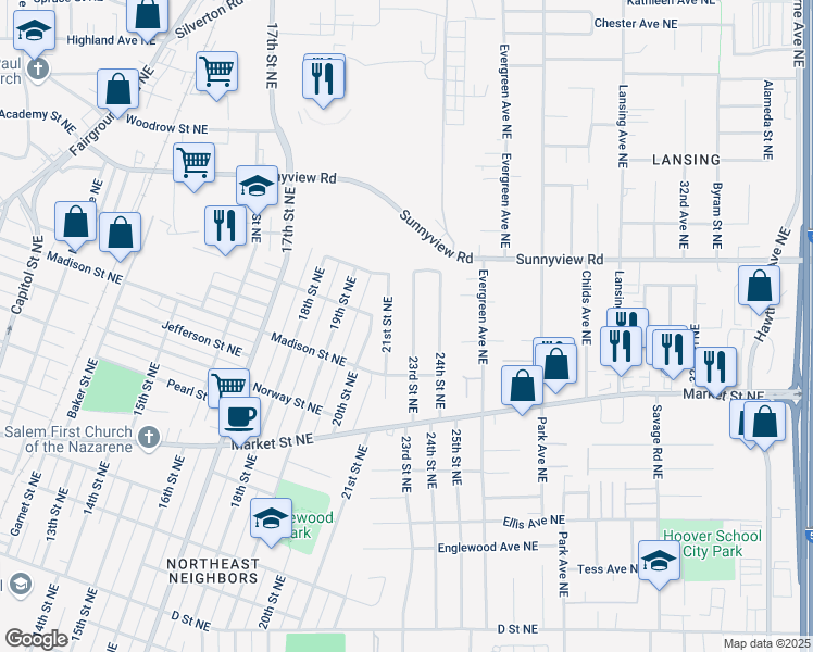 map of restaurants, bars, coffee shops, grocery stores, and more near 1875 23rd Street Northeast in Salem