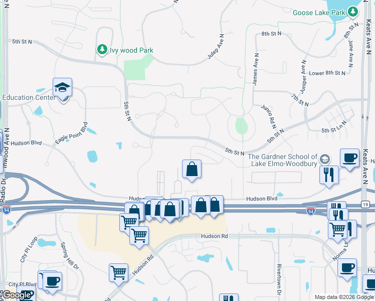 map of restaurants, bars, coffee shops, grocery stores, and more near 9220 Hudson Boulevard North in Lake Elmo