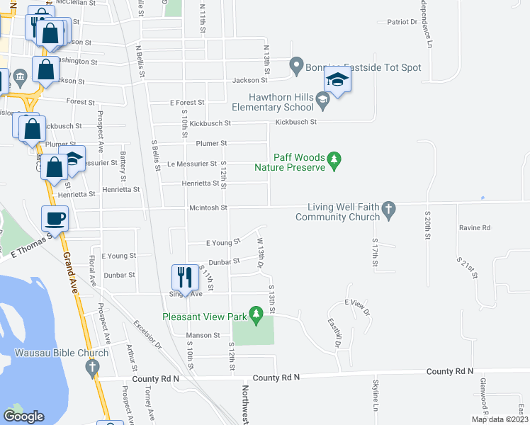 map of restaurants, bars, coffee shops, grocery stores, and more near 1239 Mcintosh Street in Wausau
