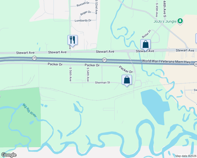 map of restaurants, bars, coffee shops, grocery stores, and more near 5202 Sherman Street in Wausau