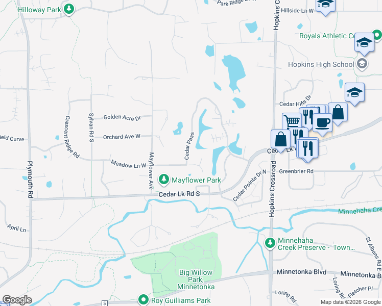 map of restaurants, bars, coffee shops, grocery stores, and more near 11677 Cedar Pass in Hopkins