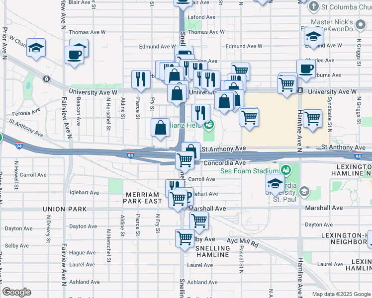 map of restaurants, bars, coffee shops, grocery stores, and more near 1461 Saint Anthony Avenue in Saint Paul