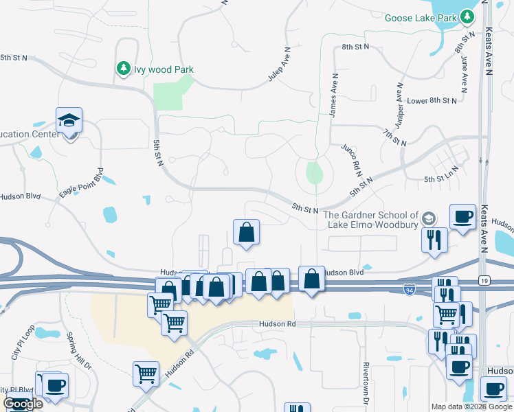 map of restaurants, bars, coffee shops, grocery stores, and more near 9220 Hudson Boulevard North in Lake Elmo