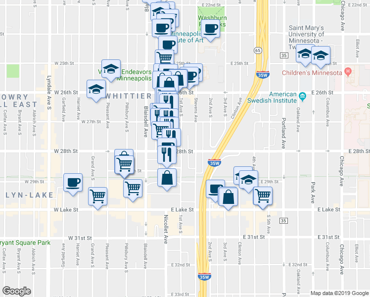 map of restaurants, bars, coffee shops, grocery stores, and more near 101 East 28th Street in Minneapolis