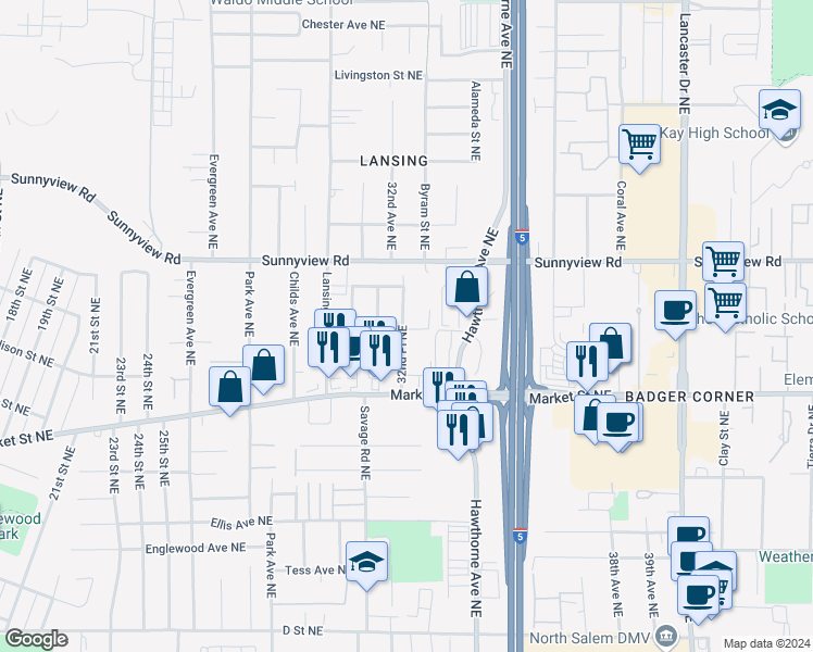 map of restaurants, bars, coffee shops, grocery stores, and more near 1822 32nd Place Northeast in Salem