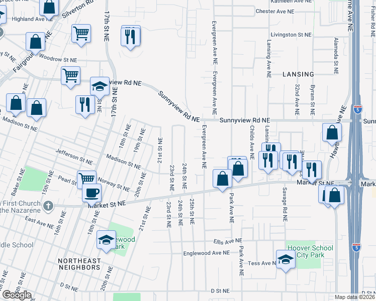 map of restaurants, bars, coffee shops, grocery stores, and more near 1880 24th Street Northeast in Salem