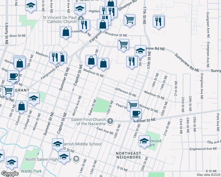 map of restaurants, bars, coffee shops, grocery stores, and more near 1390 Jefferson Street Northeast in Salem