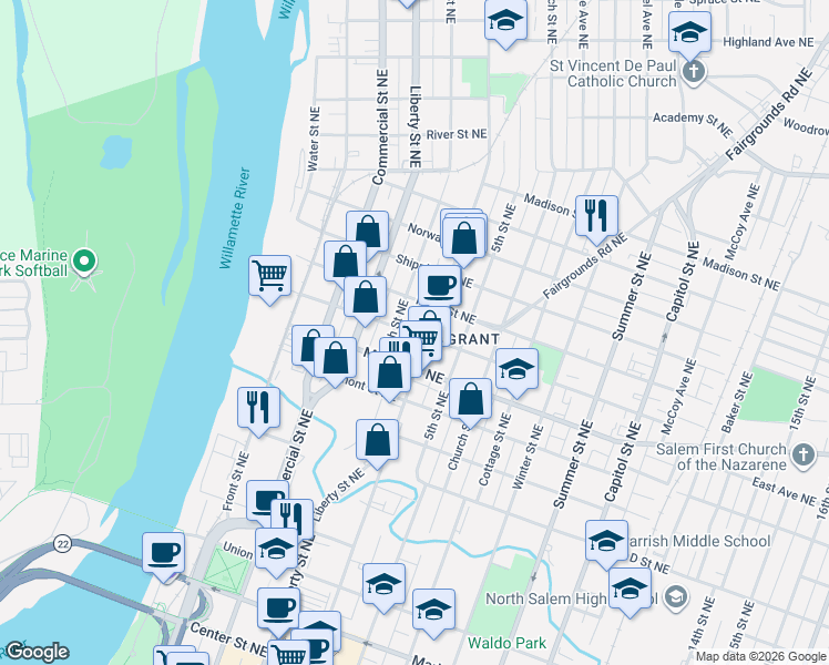 map of restaurants, bars, coffee shops, grocery stores, and more near 1240 4th Street Northeast in Salem