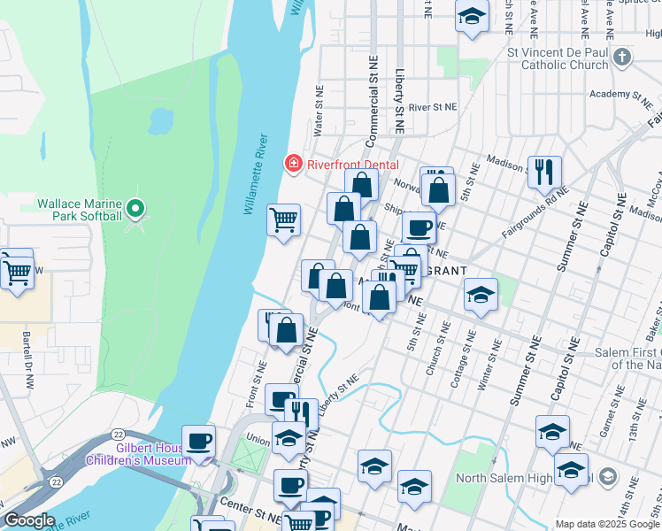 map of restaurants, bars, coffee shops, grocery stores, and more near 345 Market Street Northeast in Salem