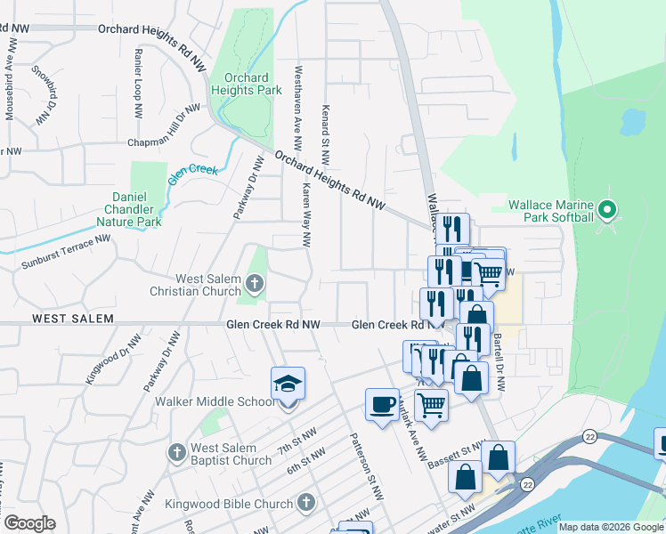 map of restaurants, bars, coffee shops, grocery stores, and more near 876 Taybin Road Northwest in Salem