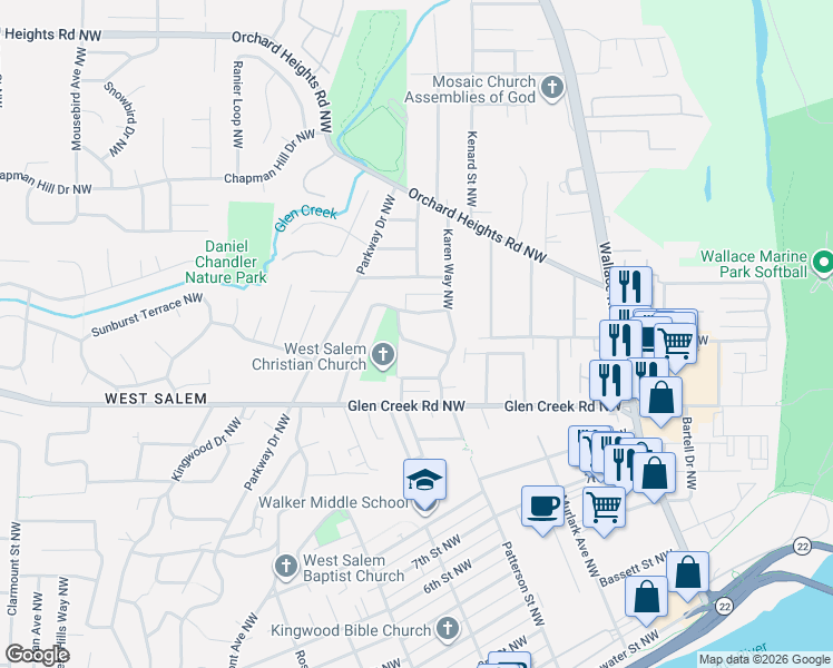 map of restaurants, bars, coffee shops, grocery stores, and more near 1075 Chestnut Street Northwest in Salem