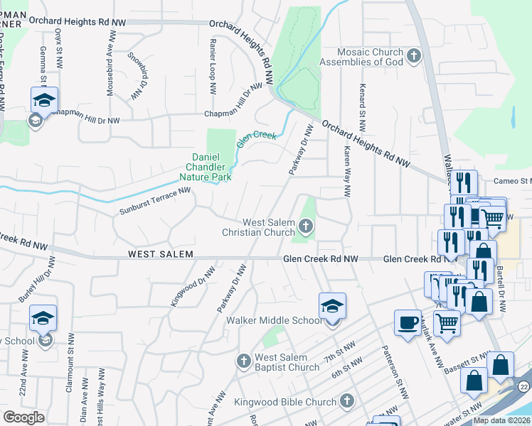 map of restaurants, bars, coffee shops, grocery stores, and more near 1242 Parkway Drive Northwest in Salem
