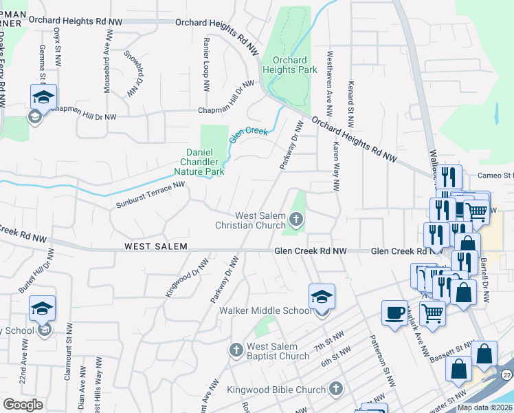 map of restaurants, bars, coffee shops, grocery stores, and more near 1242 Parkway Drive Northwest in Salem