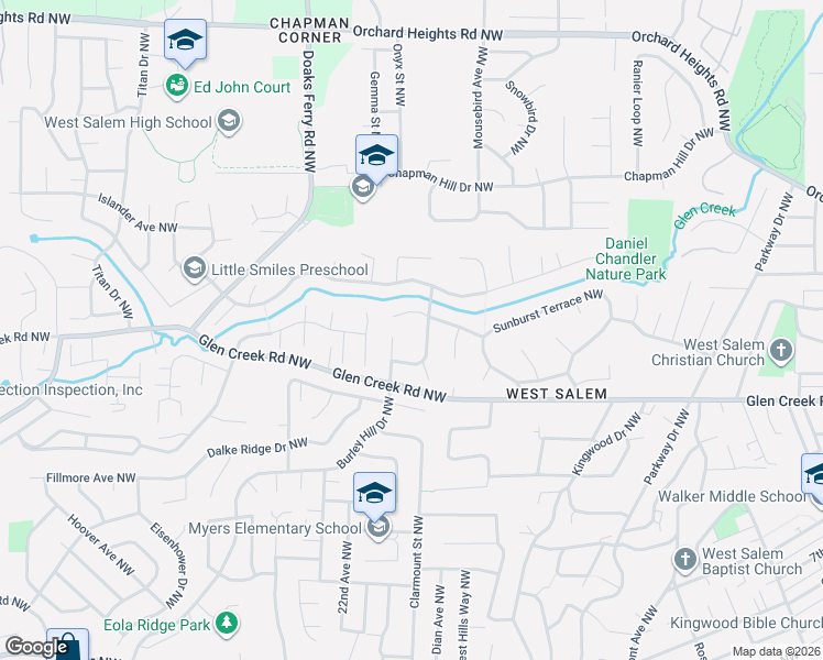 map of restaurants, bars, coffee shops, grocery stores, and more near 1270 Satara Avenue Northwest in Salem