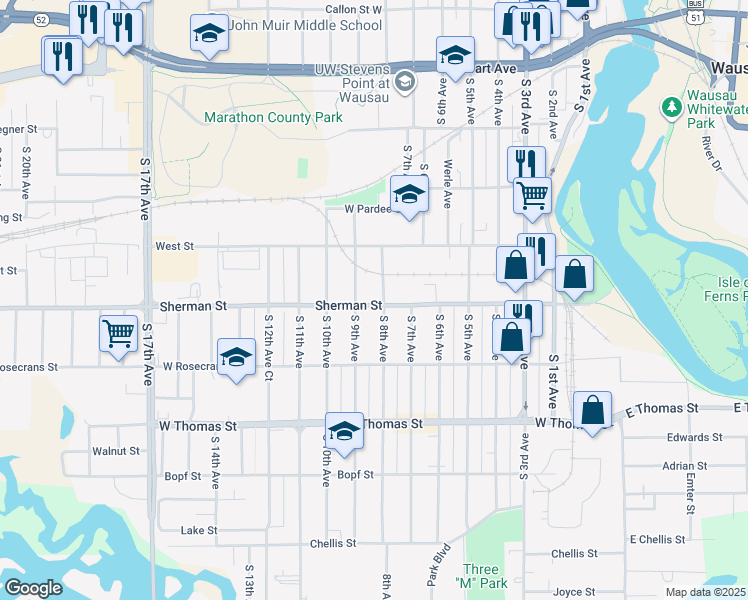 map of restaurants, bars, coffee shops, grocery stores, and more near 811 Sherman Street in Wausau