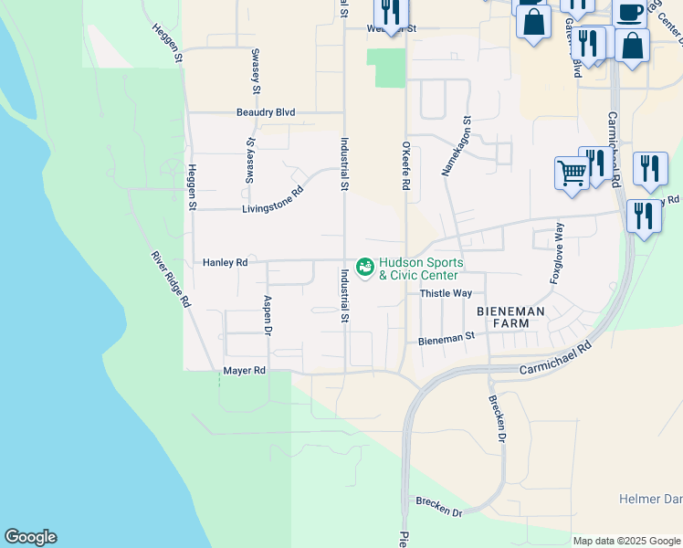 map of restaurants, bars, coffee shops, grocery stores, and more near 1701 Industrial Street in Hudson