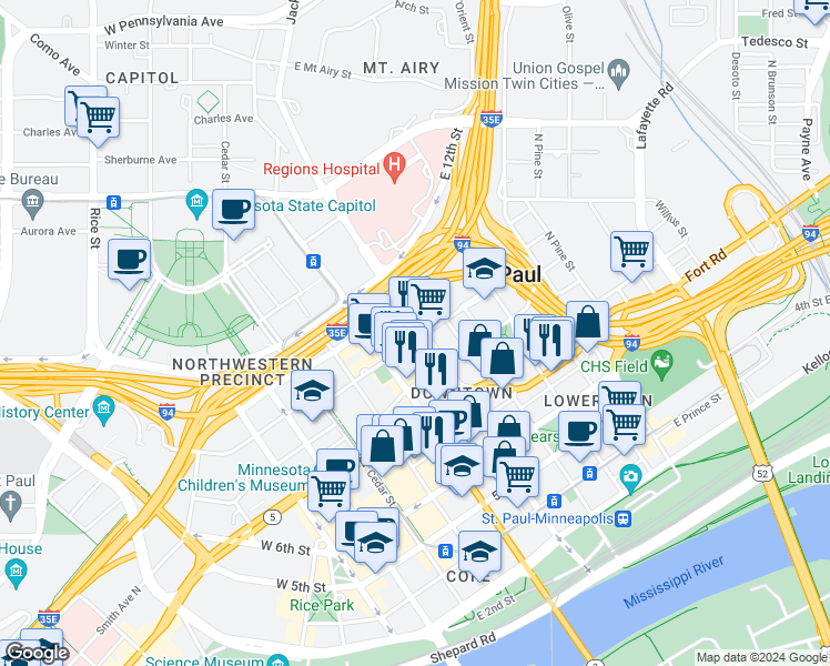 map of restaurants, bars, coffee shops, grocery stores, and more near 510 Jackson Street in Saint Paul