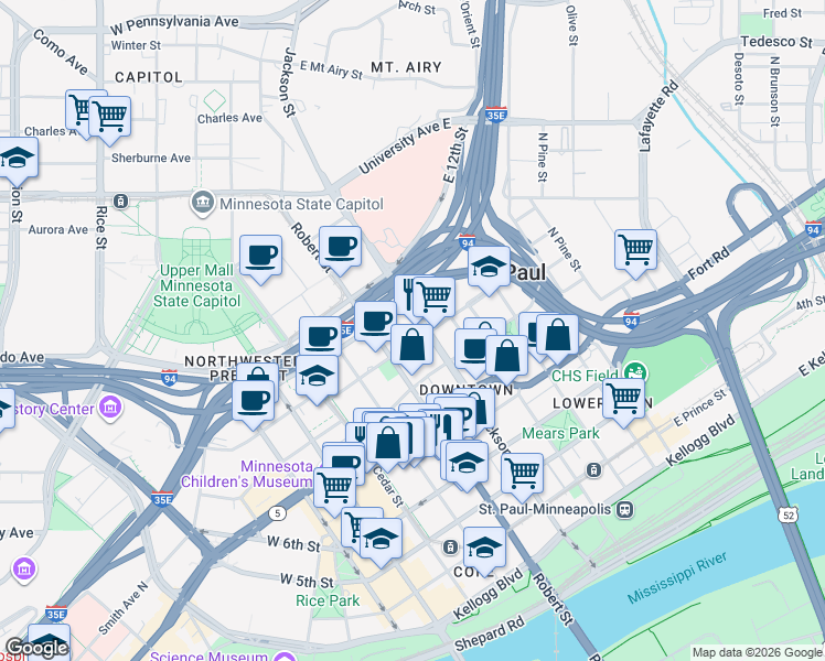 map of restaurants, bars, coffee shops, grocery stores, and more near 530 Robert Street North in Saint Paul