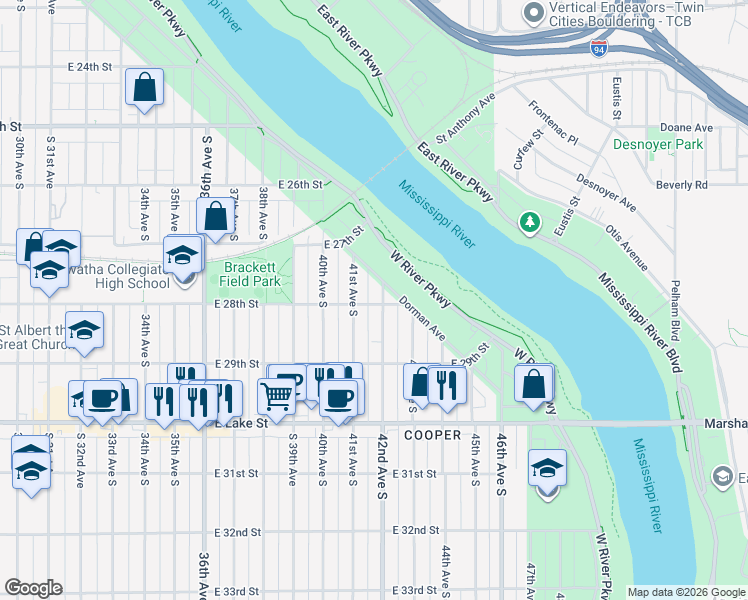 map of restaurants, bars, coffee shops, grocery stores, and more near 2752 42nd Avenue South in Minneapolis