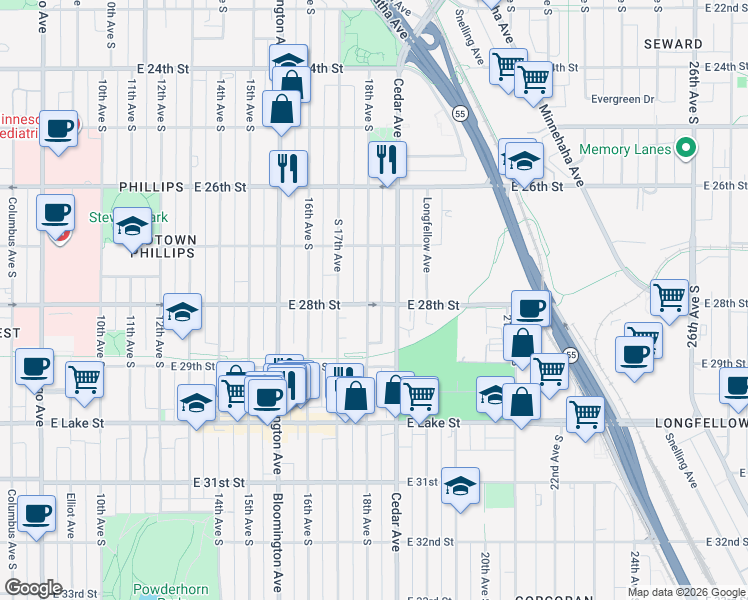 map of restaurants, bars, coffee shops, grocery stores, and more near 2750 18th Avenue South in Minneapolis