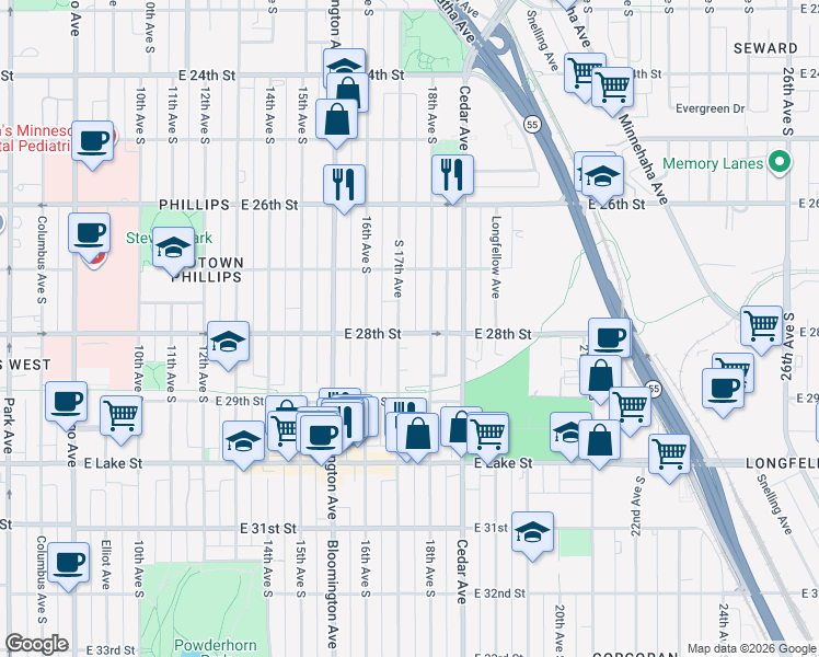 map of restaurants, bars, coffee shops, grocery stores, and more near 2750 18th Avenue South in Minneapolis