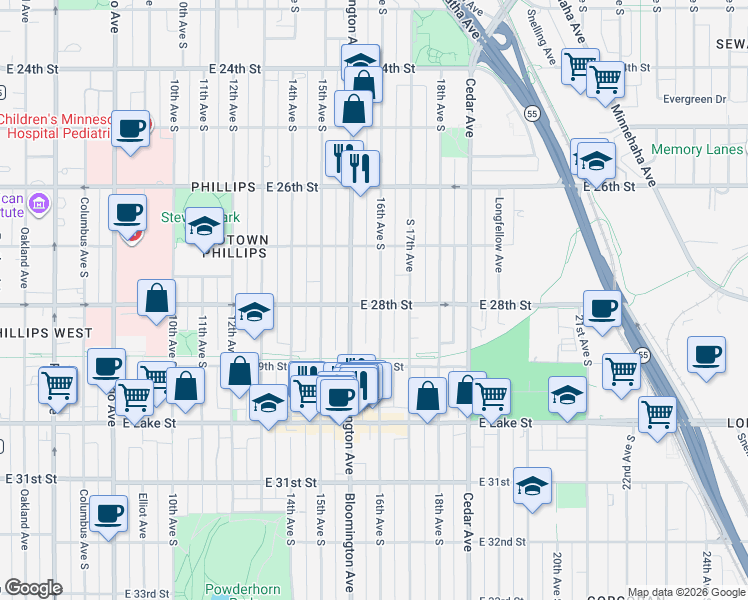 map of restaurants, bars, coffee shops, grocery stores, and more near in Minneapolis