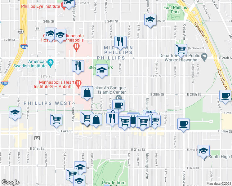 map of restaurants, bars, coffee shops, grocery stores, and more near 2746 13th Avenue South in Minneapolis