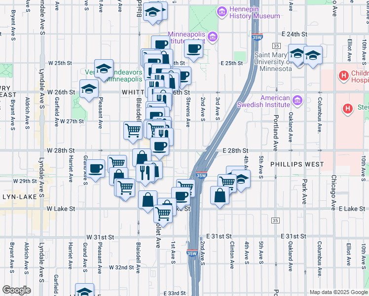 map of restaurants, bars, coffee shops, grocery stores, and more near 101 East 28th Street in Minneapolis